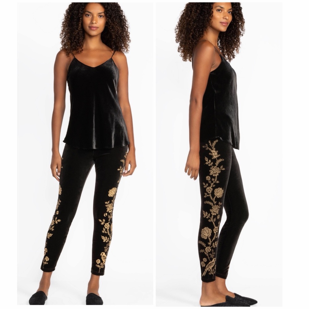 Johnny Was JW Los Angeles, embroidered velour leggings size S, black / tan